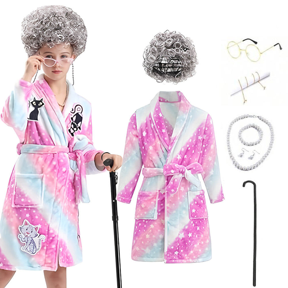 Kids Grandma Costume Old Lady 100th Day Of School Fleeced Robe Wig and Accessories for Party
