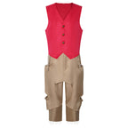 Pirate King Costume Red Vest Pants and Straw Hat 3pcs Captain Uniform for Summer Adventure