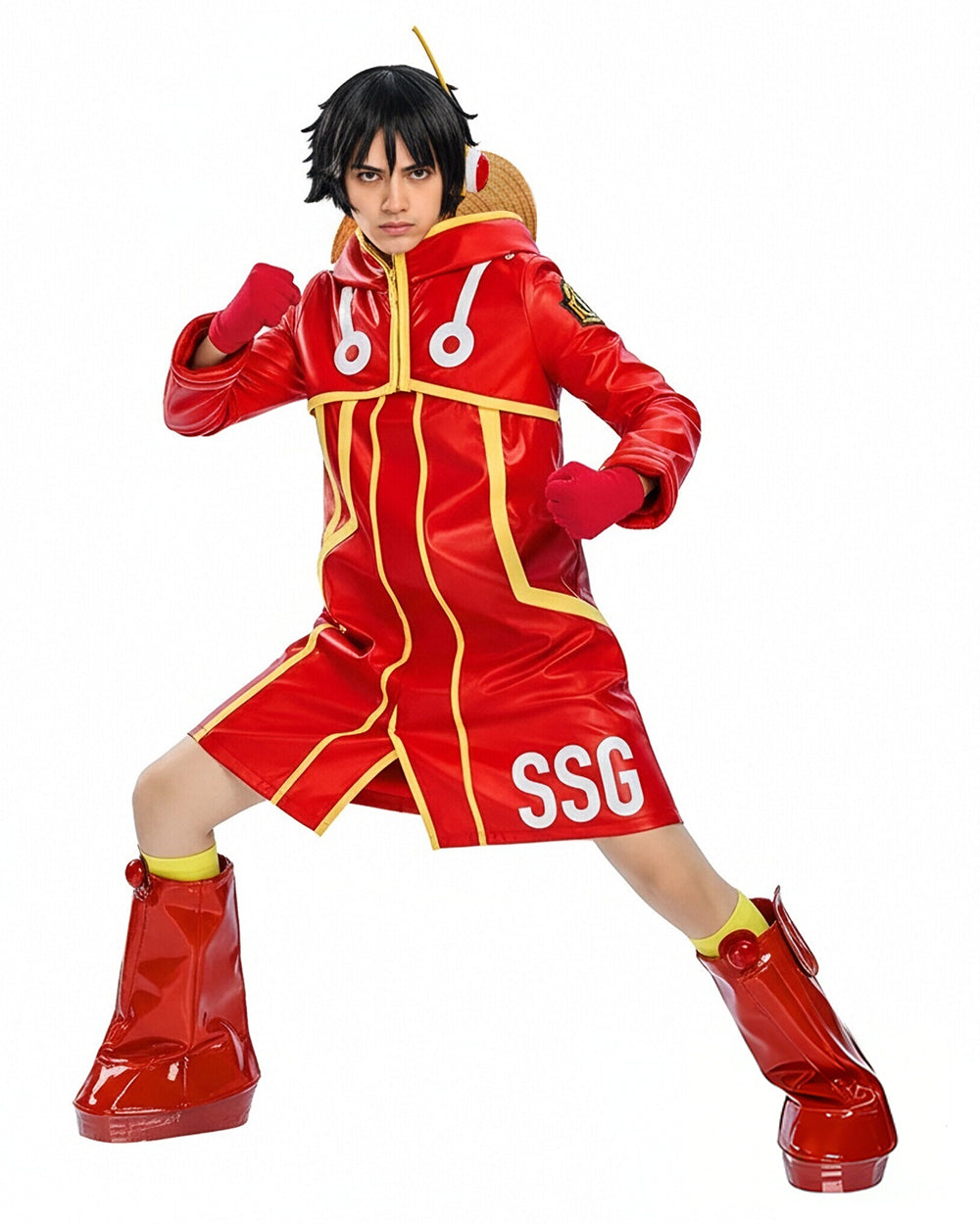 King of Pirate Costume Kids Adults Red Coat with Straw Hat and Gloves for Cosplay