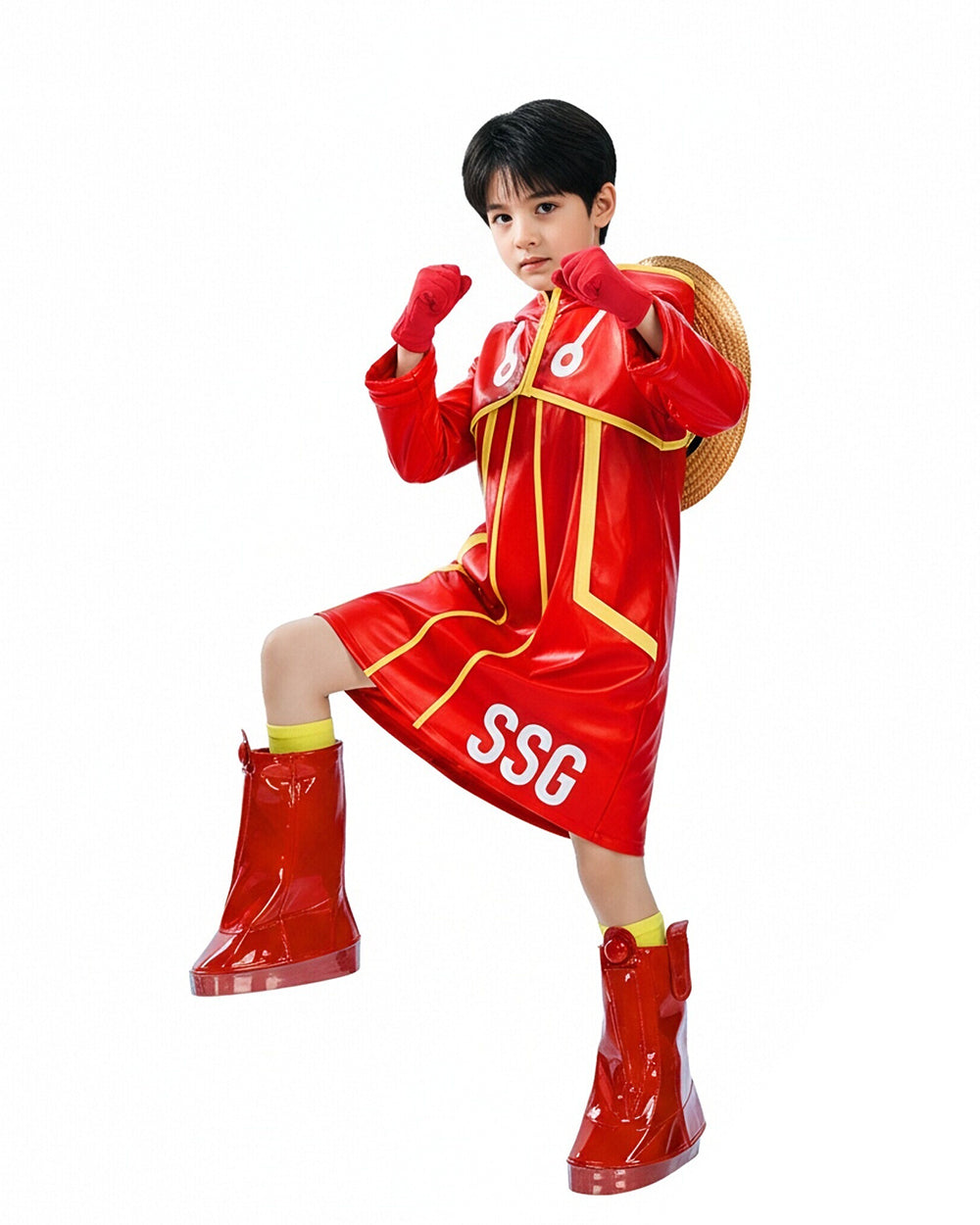 King of Pirate Costume Kids Adults Red Coat with Straw Hat and Gloves for Cosplay