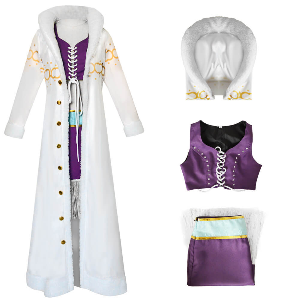 Robin Cosplay Costume Miss All Sunday White Fur Collar Coat with Dress Hat Suit for Cosplay Party