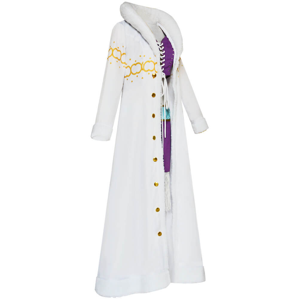 Robin Cosplay Costume Miss All Sunday White Fur Collar Coat with Dress Hat Suit for Cosplay Party