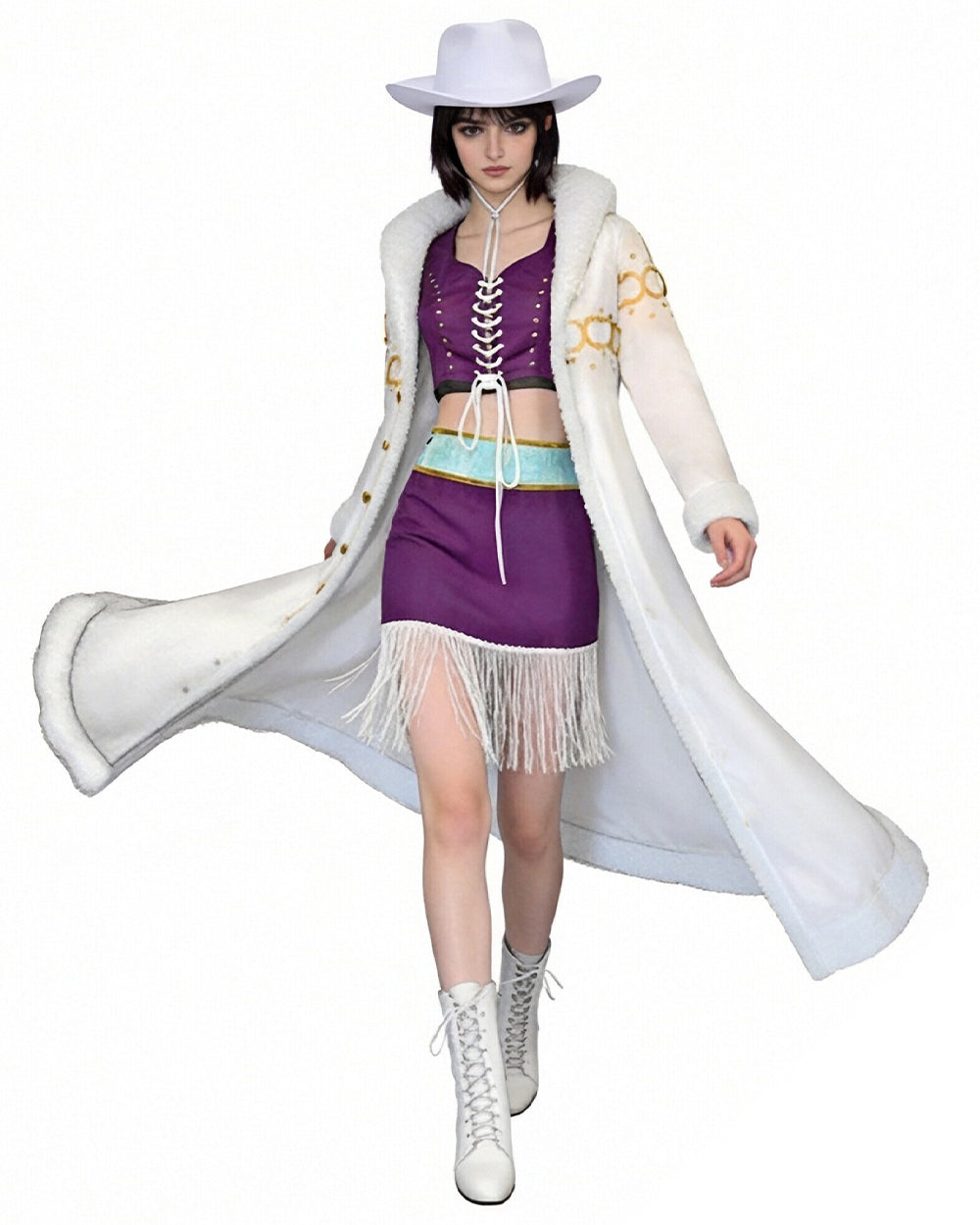 Robin Cosplay Costume Miss All Sunday White Fur Collar Coat with Dress Hat Suit for Cosplay Party