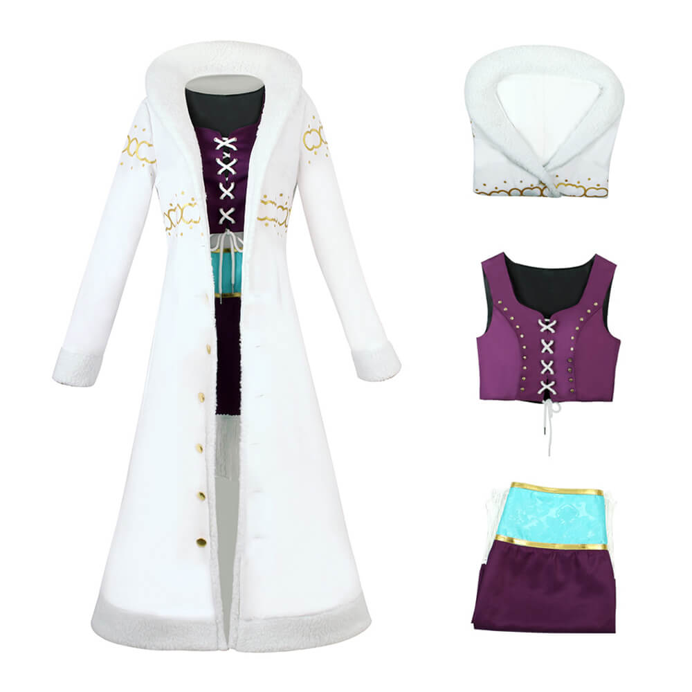 Robin Cosplay Costume Miss All Sunday White Fur Collar Coat with Dress Hat Suit for Cosplay Party