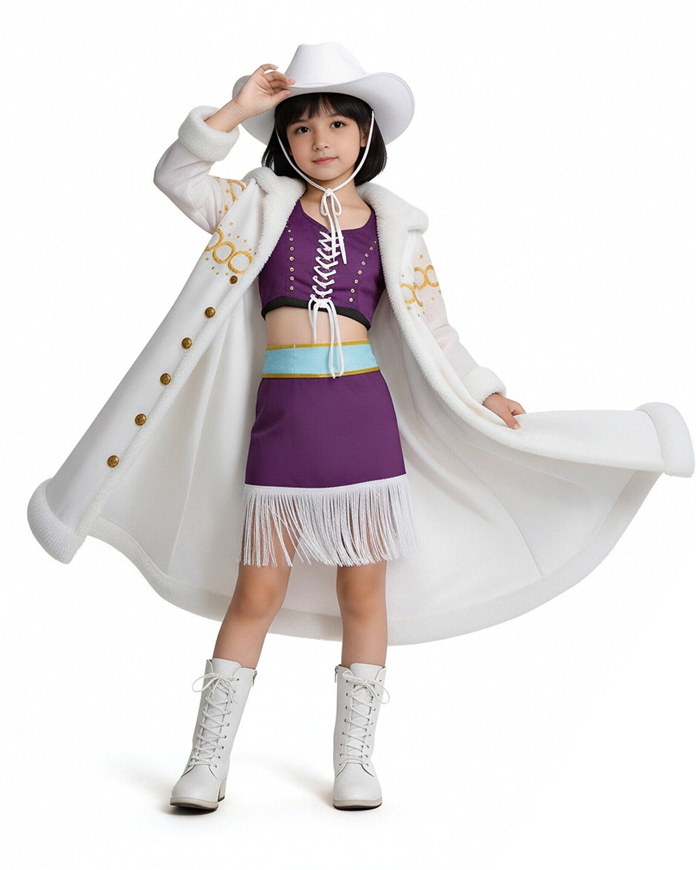Robin Cosplay Costume Miss All Sunday White Fur Collar Coat with Dress Hat Suit for Cosplay Party