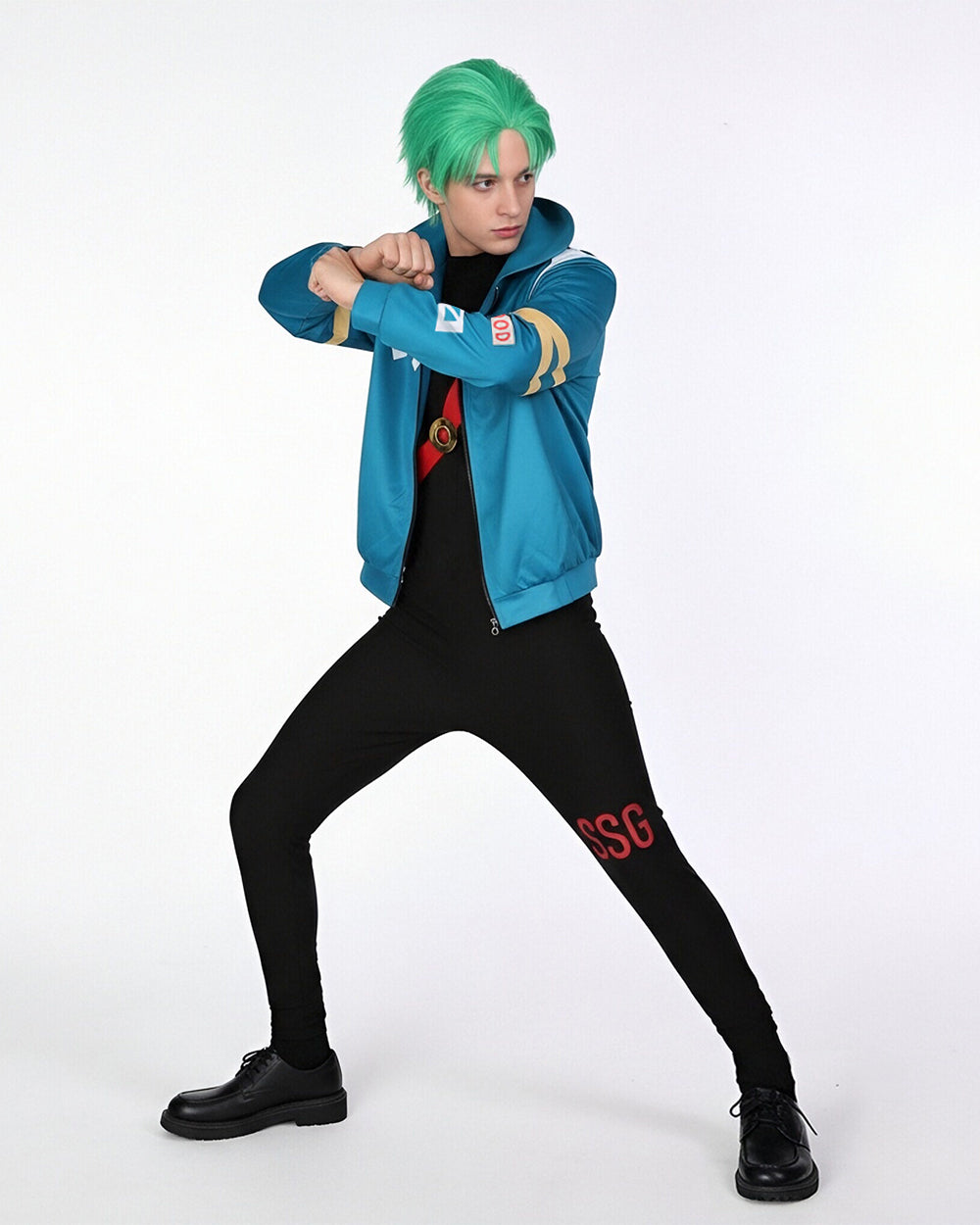 Mens Roronoa Cosplay Costume Straw Pirate Blue Jumpsuit Jacket and Gloves Full Set