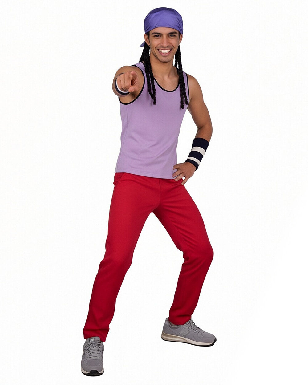 Usopp Cosplay Costume Purple Tank Top Red Pants Outfit with Bandana Satchel Bag Full Set