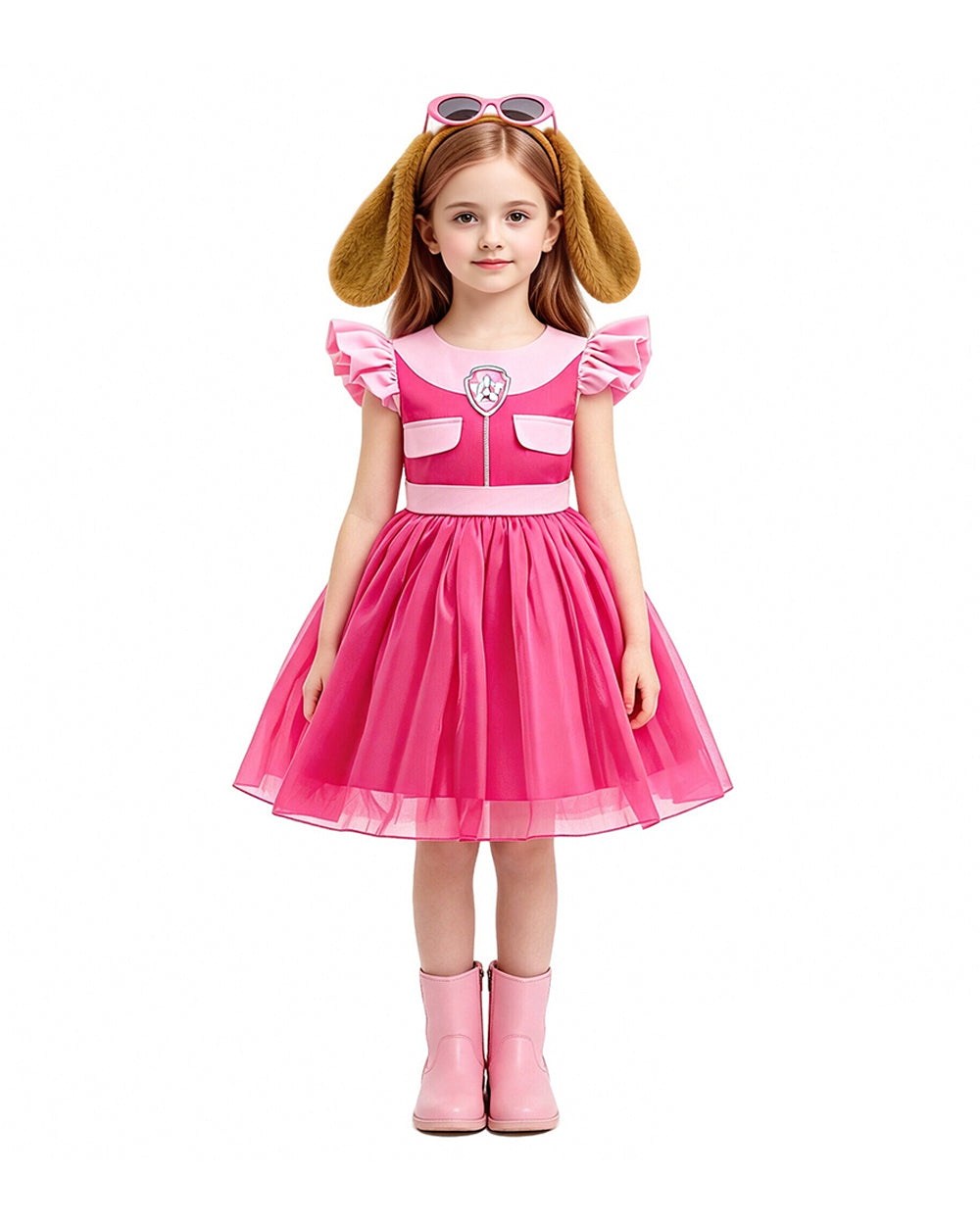 Girls Pink Puppy Outfit Cute Skye A-line Dress with Goggles Headband for Dress-up Party