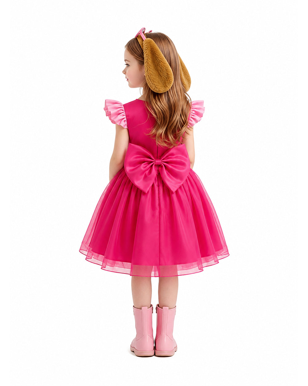 Girls Pink Puppy Outfit Cute Skye A-line Dress with Goggles Headband for Dress-up Party