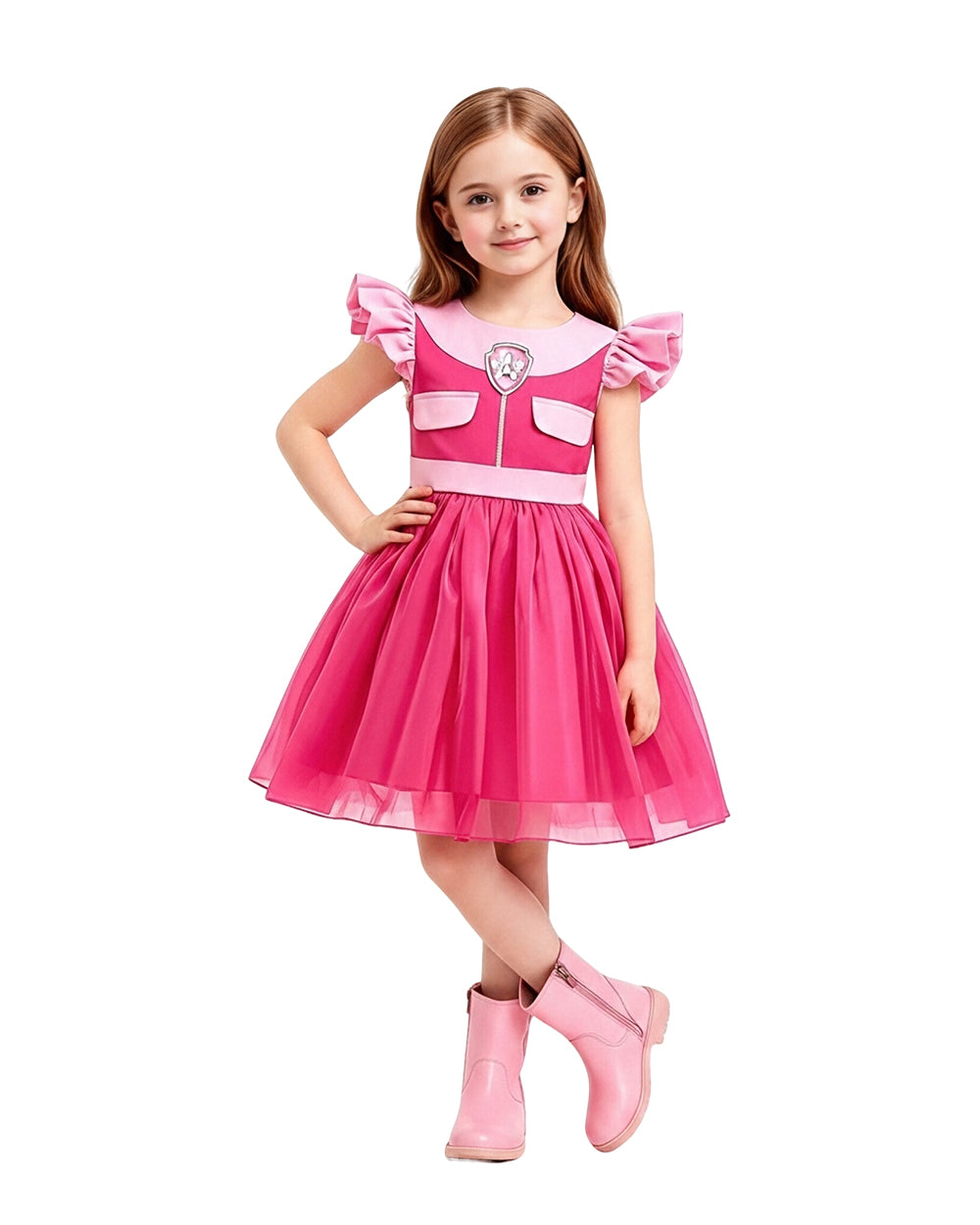 Girls Pink Puppy Outfit Cute Skye A-line Dress with Goggles Headband for Dress-up Party