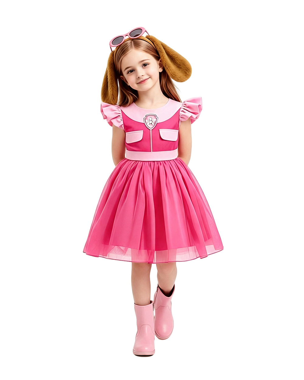Girls Pink Puppy Outfit Cute Skye A-line Dress with Goggles Headband for Dress-up Party