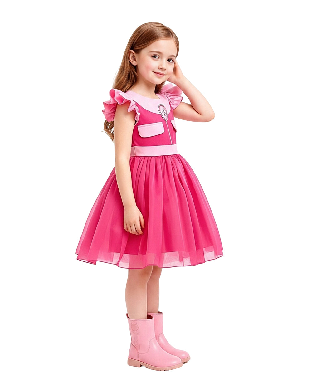 Girls Pink Puppy Outfit Cute Skye A-line Dress with Goggles Headband for Dress-up Party