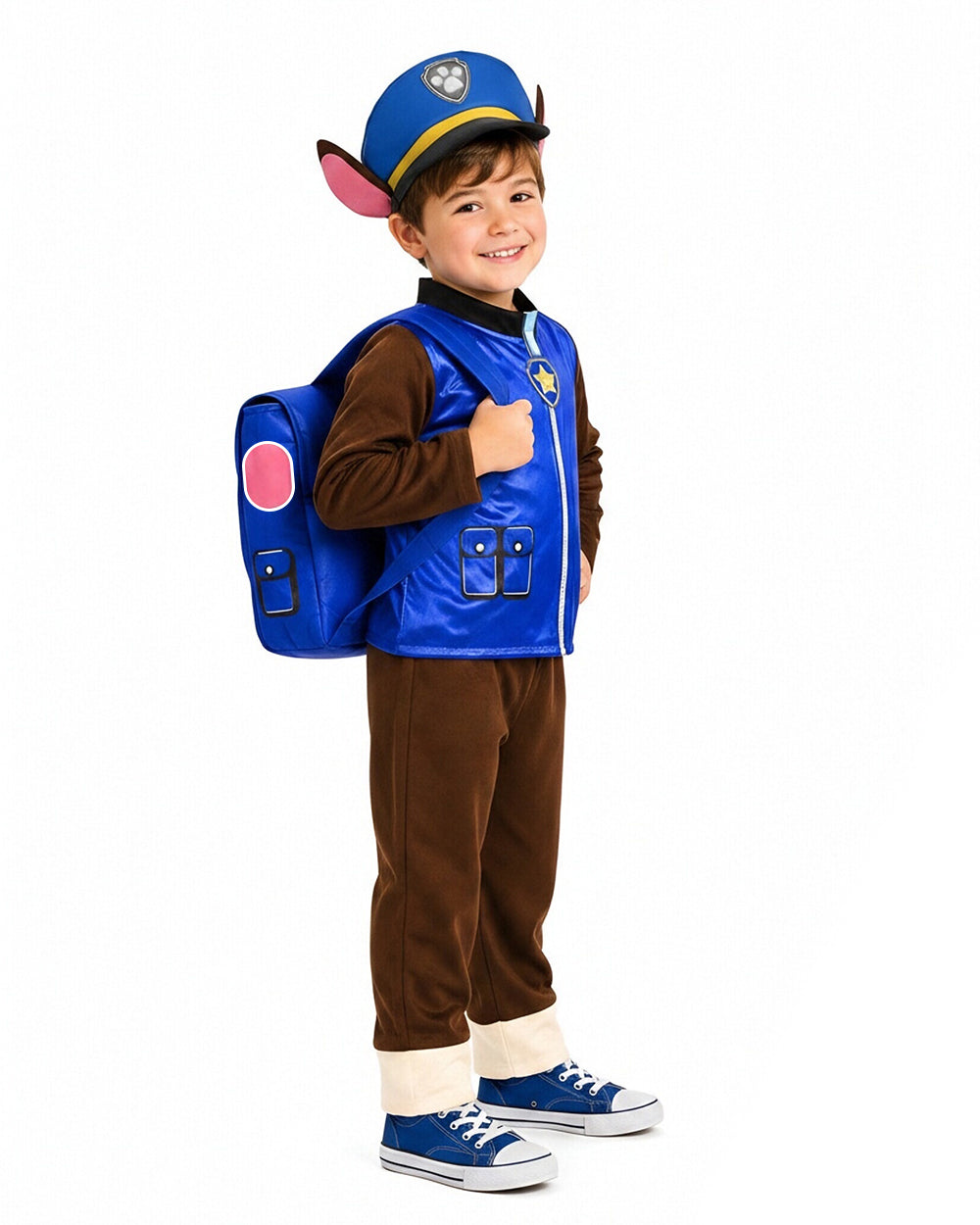 Boys Police Pup Costume Blue Tops Pants Hat and Backpack Full Set for Cosplay Carnival