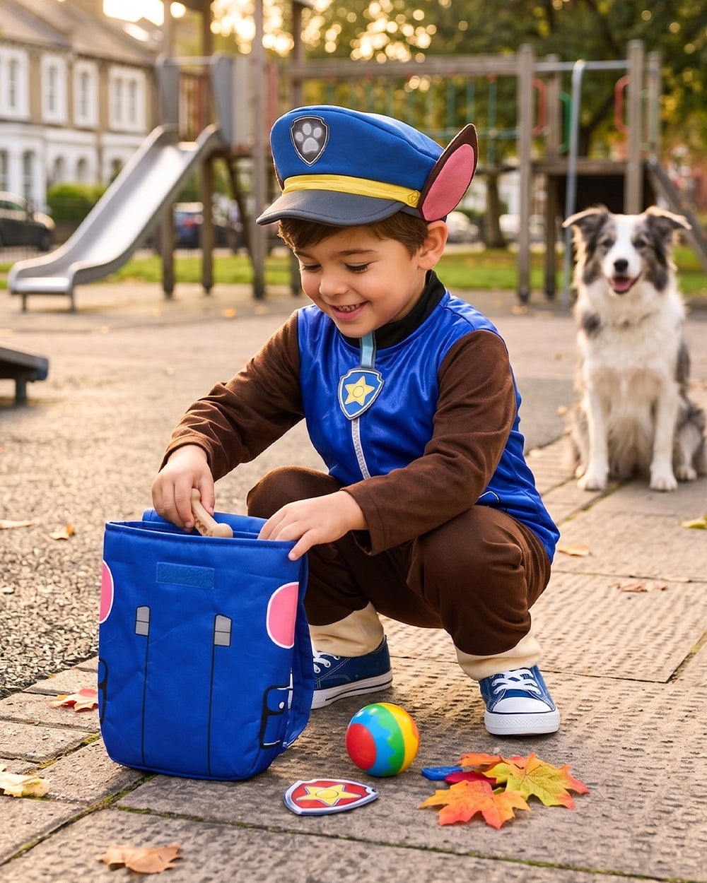 Boys Police Pup Costume Blue Tops Pants Hat and Backpack Full Set for Cosplay Carnival