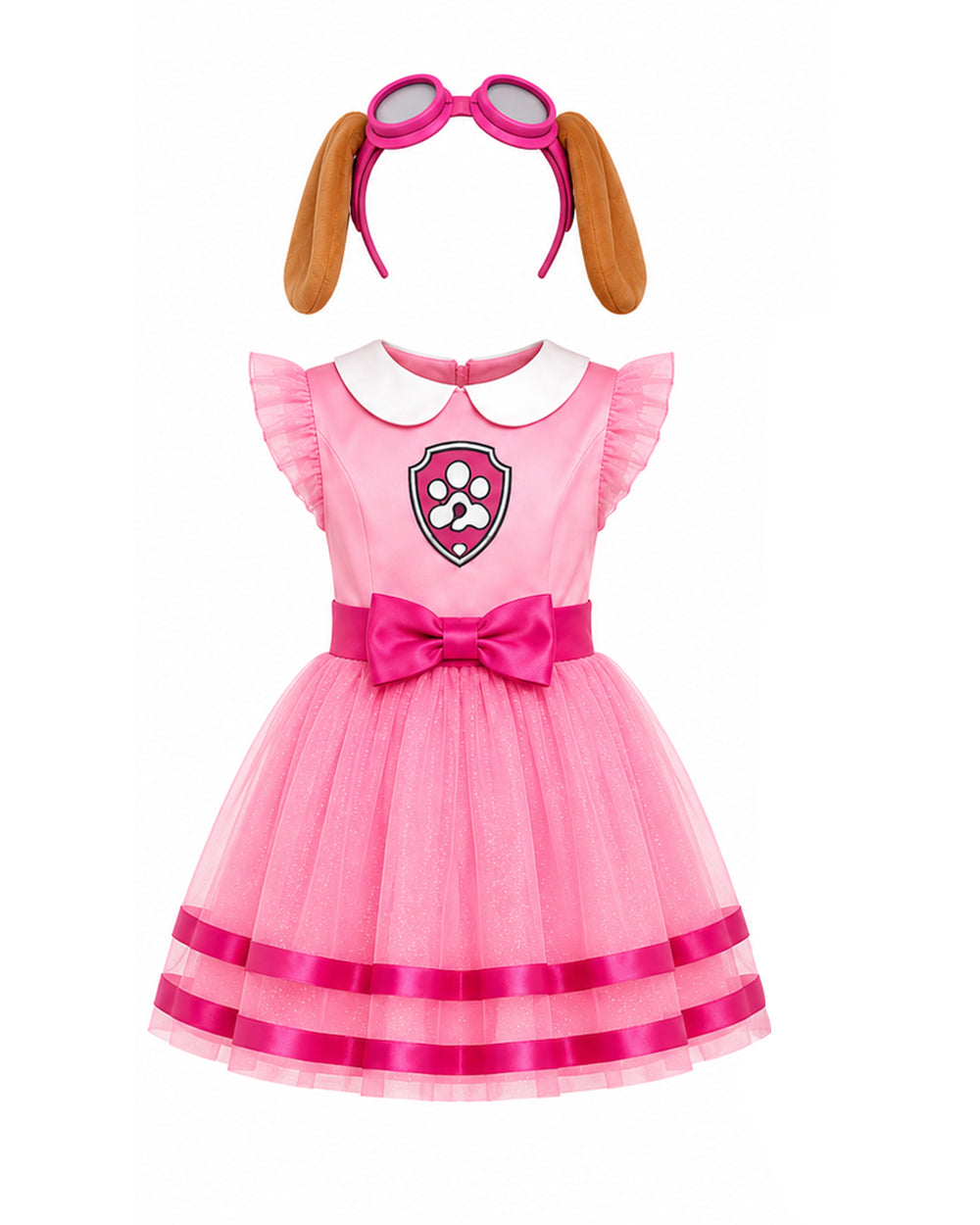 Girls Skye Costume Pink Aviator Puppy Tulle Dress with Goggles Headband for Cosplay Birthday Party