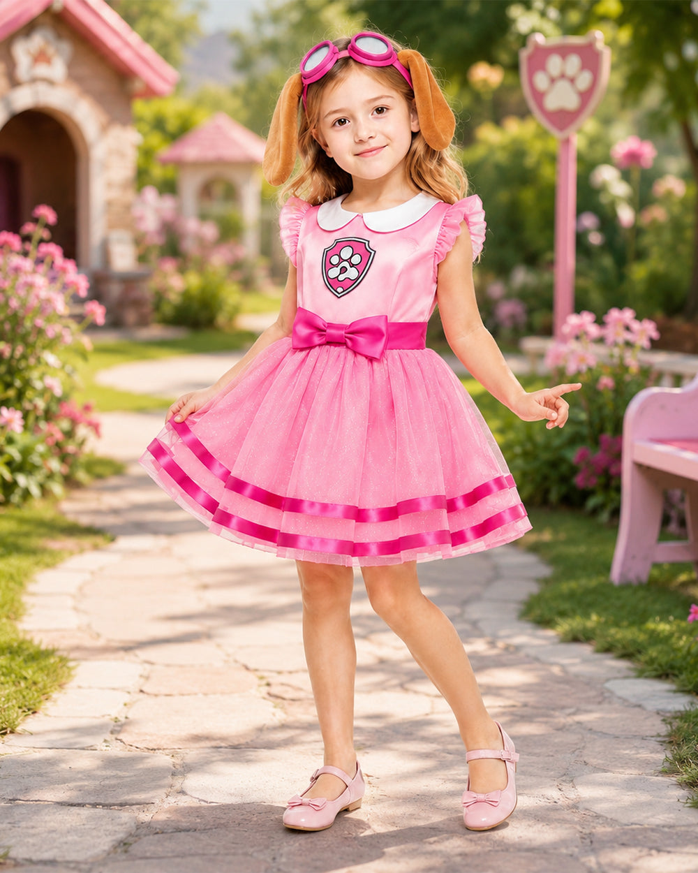 Girls Skye Costume Pink Aviator Puppy Tulle Dress with Goggles Headband for Cosplay Birthday Party