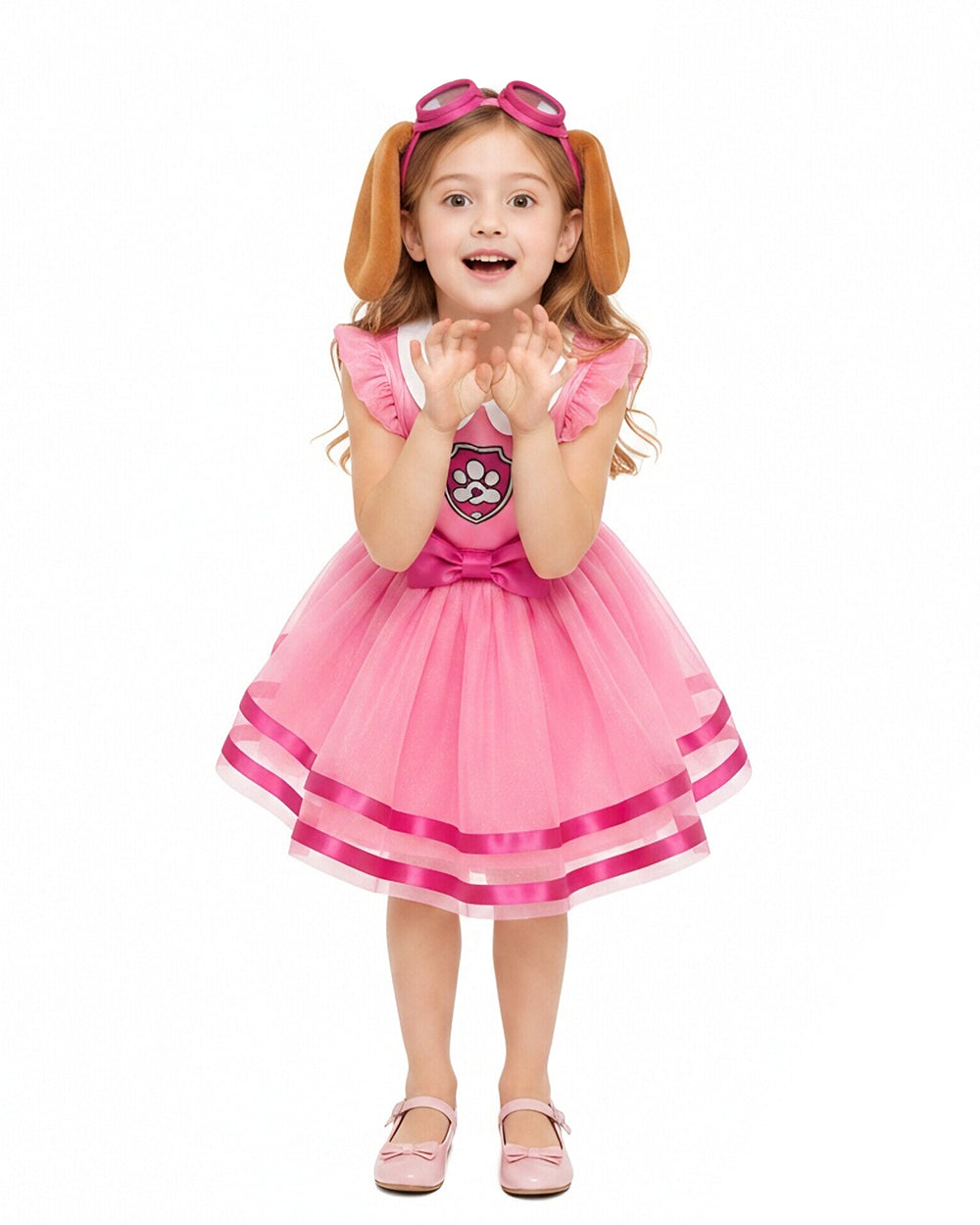 Girls Skye Costume Pink Aviator Puppy Tulle Dress with Goggles Headband for Cosplay Birthday Party