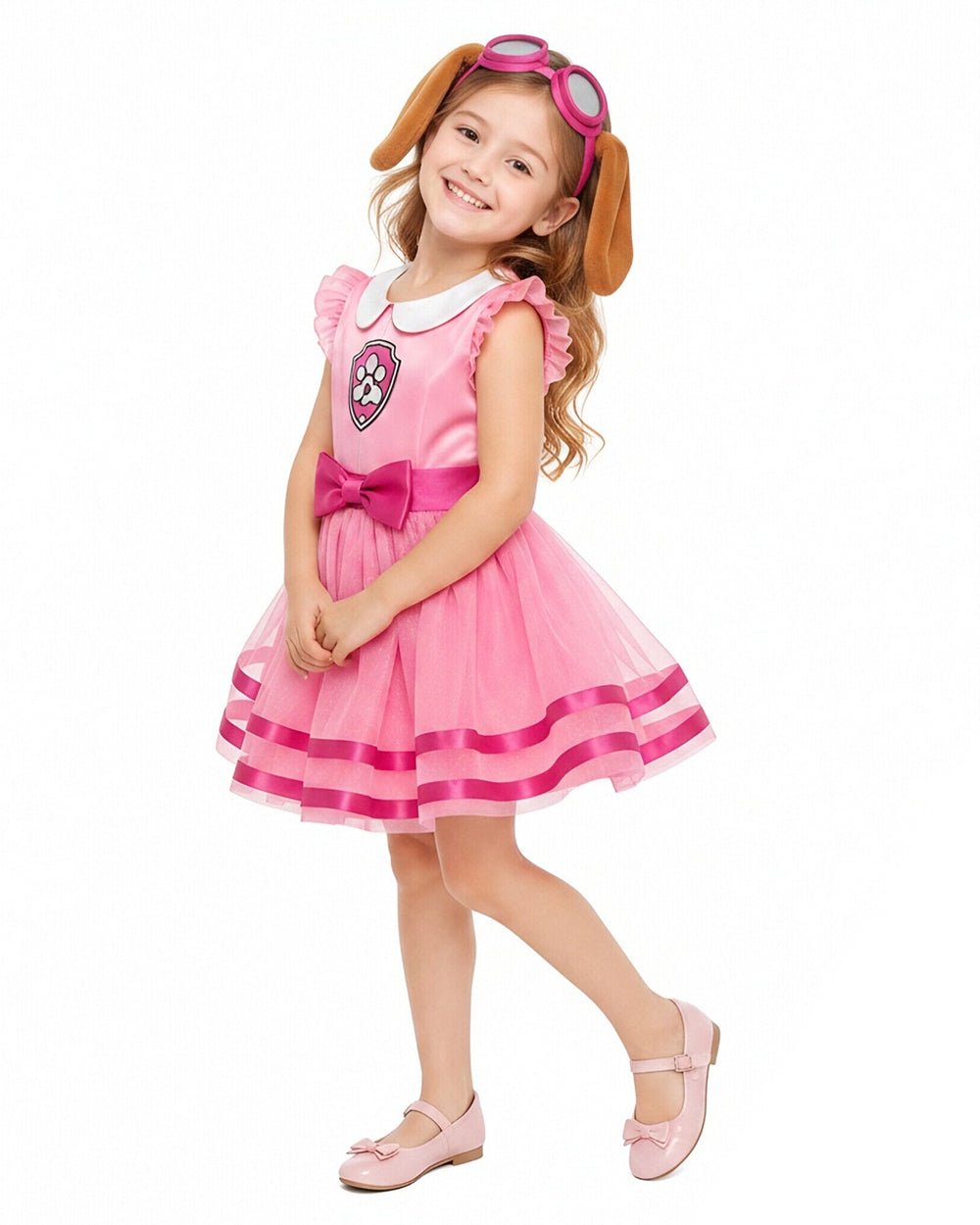Girls Skye Costume Pink Aviator Puppy Tulle Dress with Goggles Headband for Cosplay Birthday Party