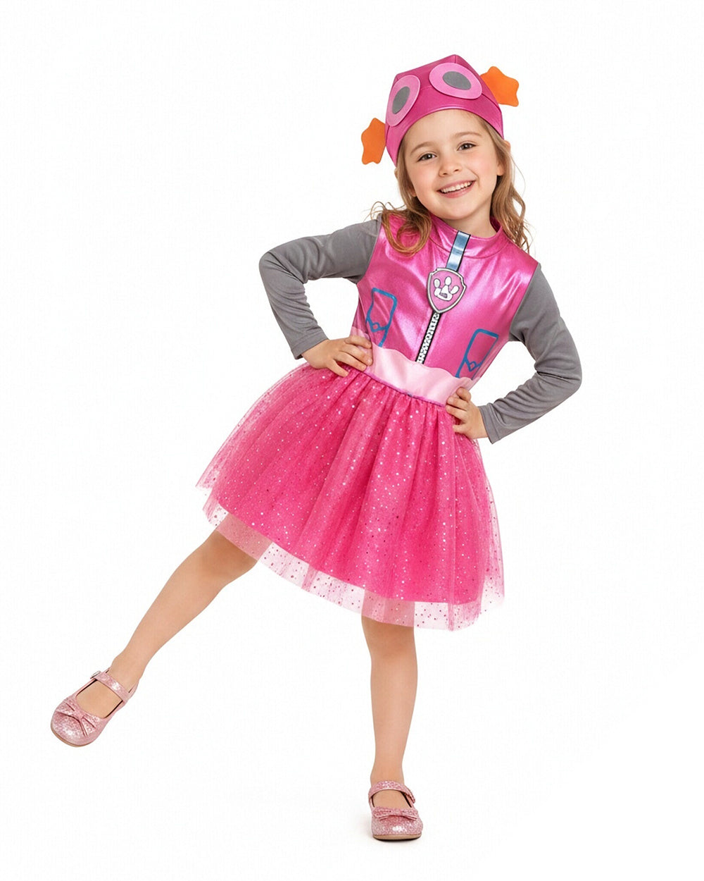 Girls Sky Rescue Pup Costume Rose Pink Dress Hat and Backpack 3pcs Suit for Halloween Cosplay