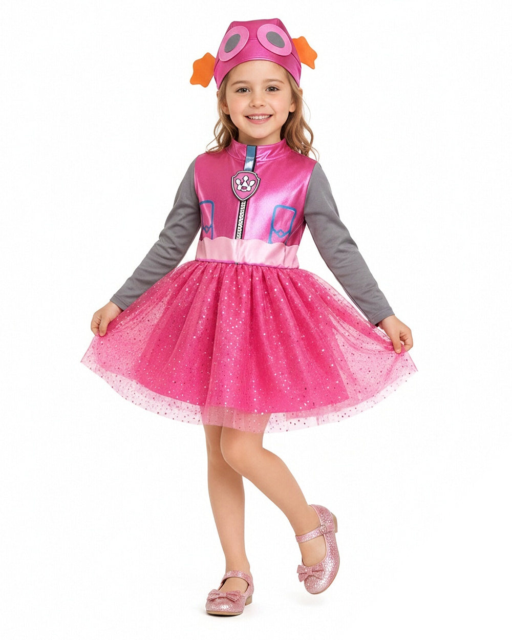 Girls Sky Rescue Pup Costume Rose Pink Dress Hat and Backpack 3pcs Suit for Halloween Cosplay