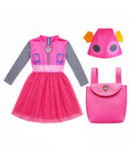 Girls Sky Rescue Pup Costume Rose Pink Dress Hat and Backpack 3pcs Suit for Halloween Cosplay