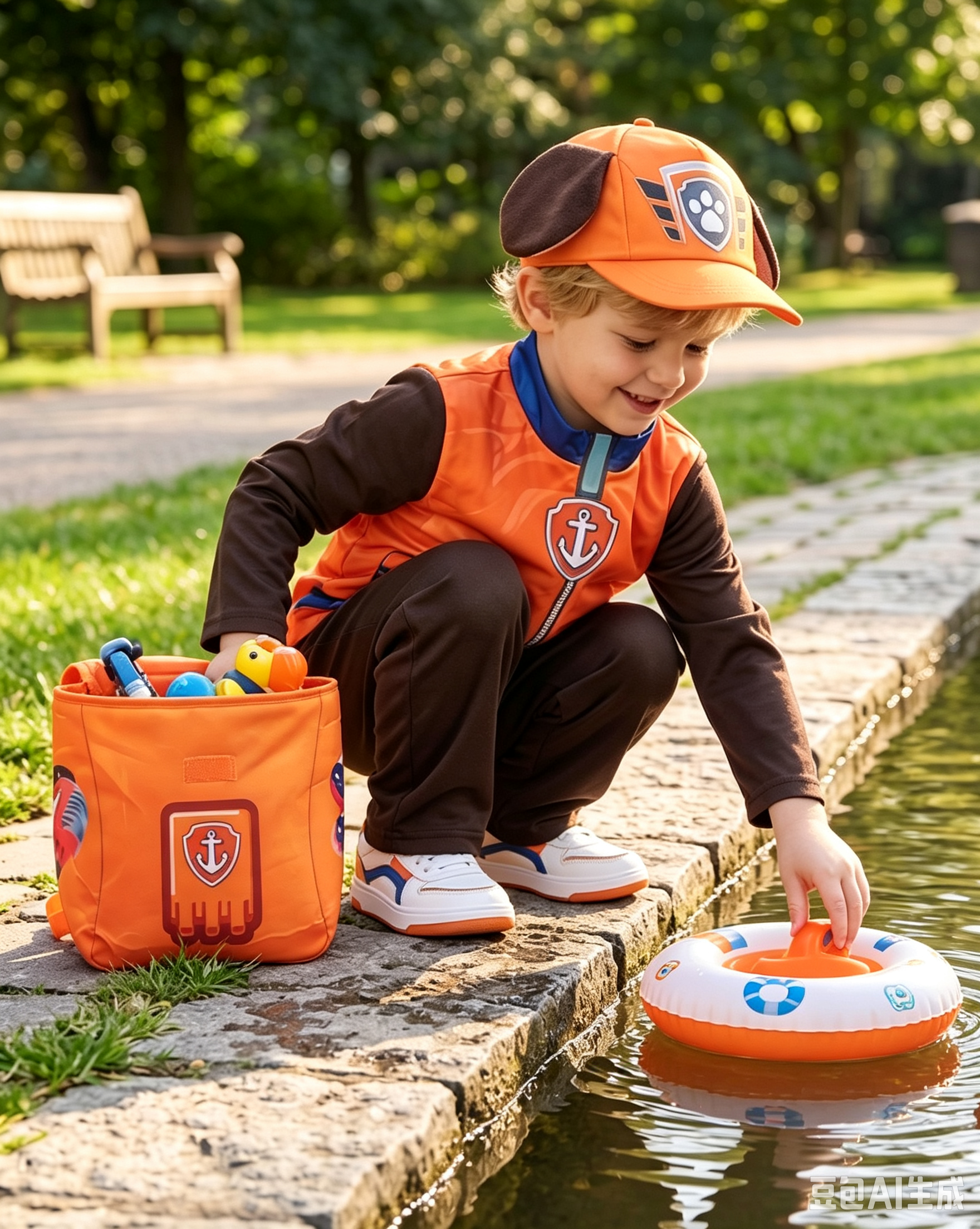 Kids Water Rescue Puppy Costume Orange Tops Pants Hat and Backpack 4pcs Set for Birthday Party