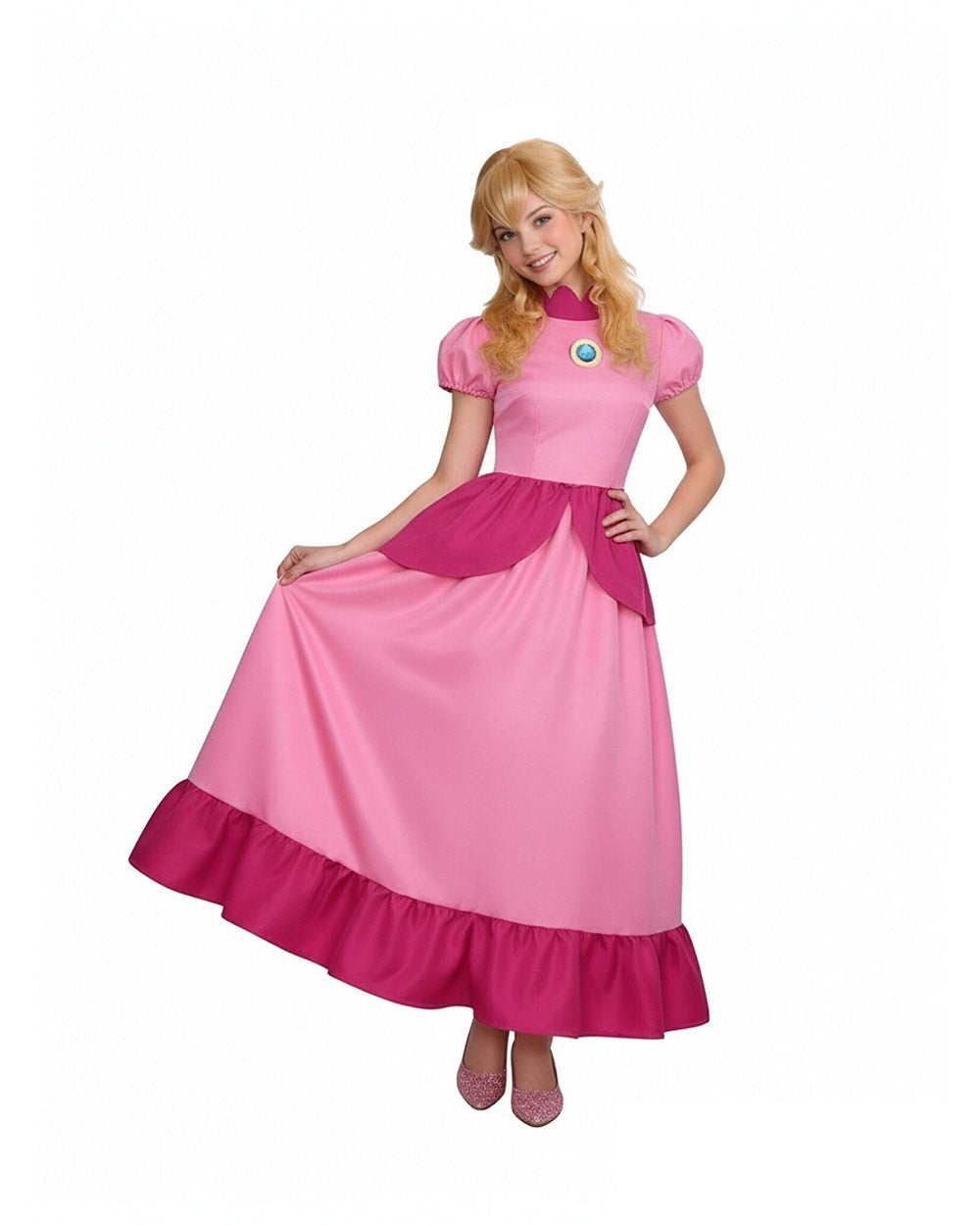 Pink Princess Cosplay Costume Set Dress with Crown Earrings Brooch and Long Gloves