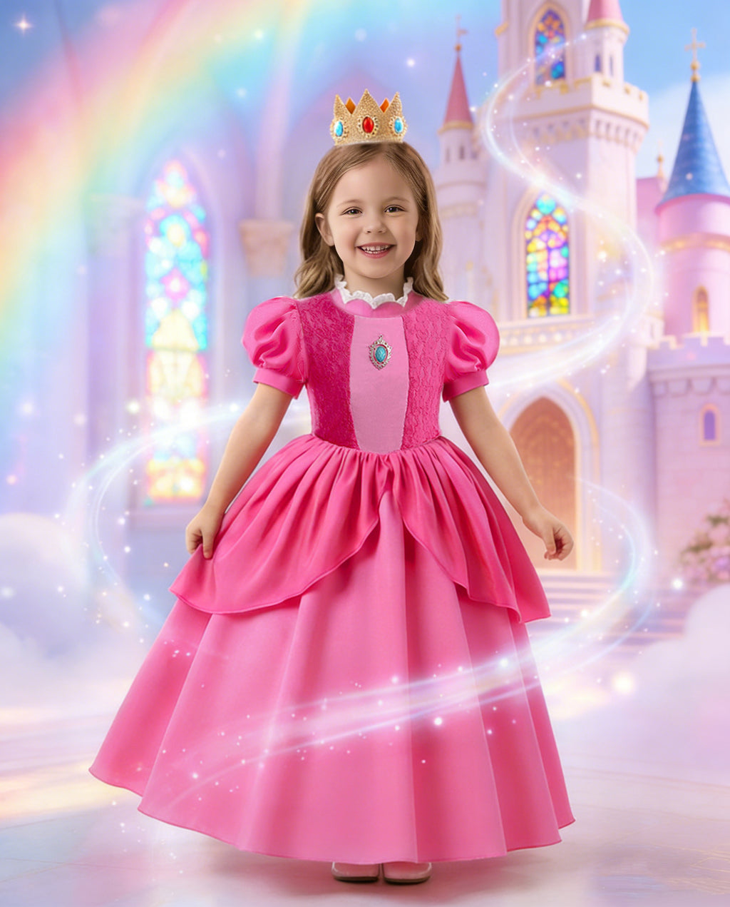 Pink Princess Ball Gown with Layered Tulle Puff Sleeves and Crown for Birthday Party Events