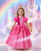 Pink Princess Ball Gown with Layered Tulle Puff Sleeves and Crown for Birthday Party Events