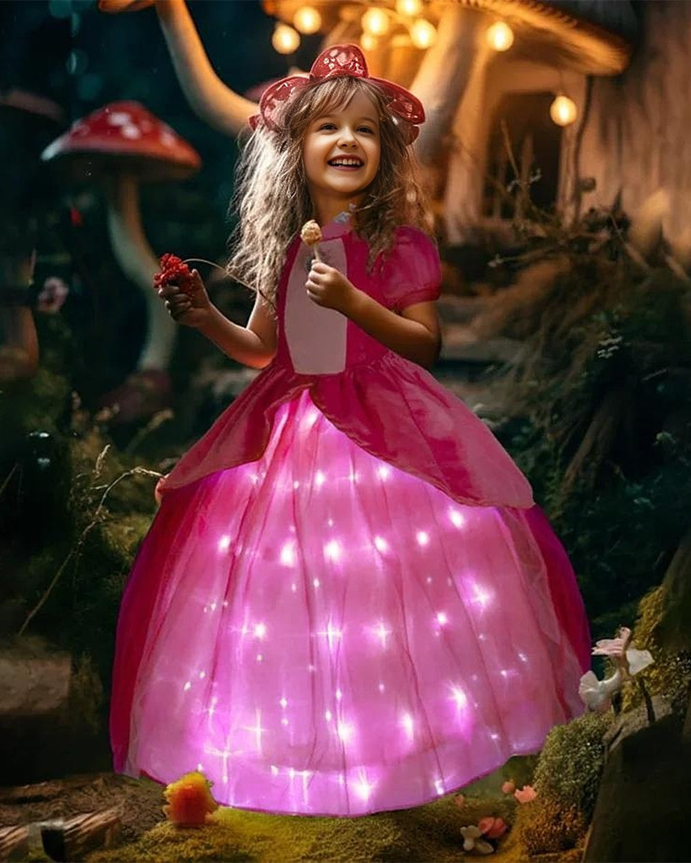 Light-up Pink Princess Gown with Magical Crown Wand Gloves and Earrings for Birthday Party
