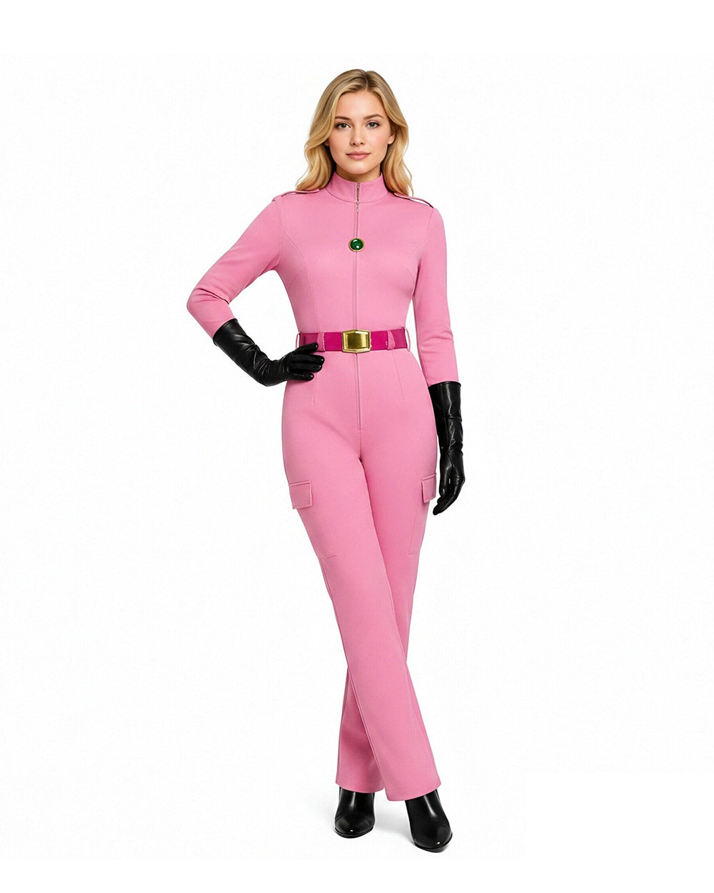 Women Pink Princess Costume Superhero Racing Jumpsuit with Gloves Belt and Gem Brooch for Cosplay