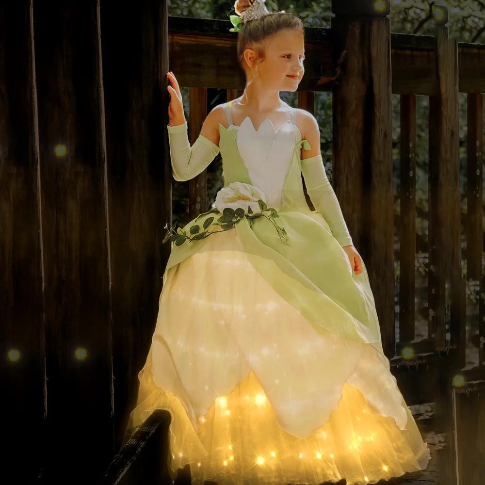 Tiana Frog Princess Costume Princess Light Up Dress Girls Off Shoulder Party Dress
