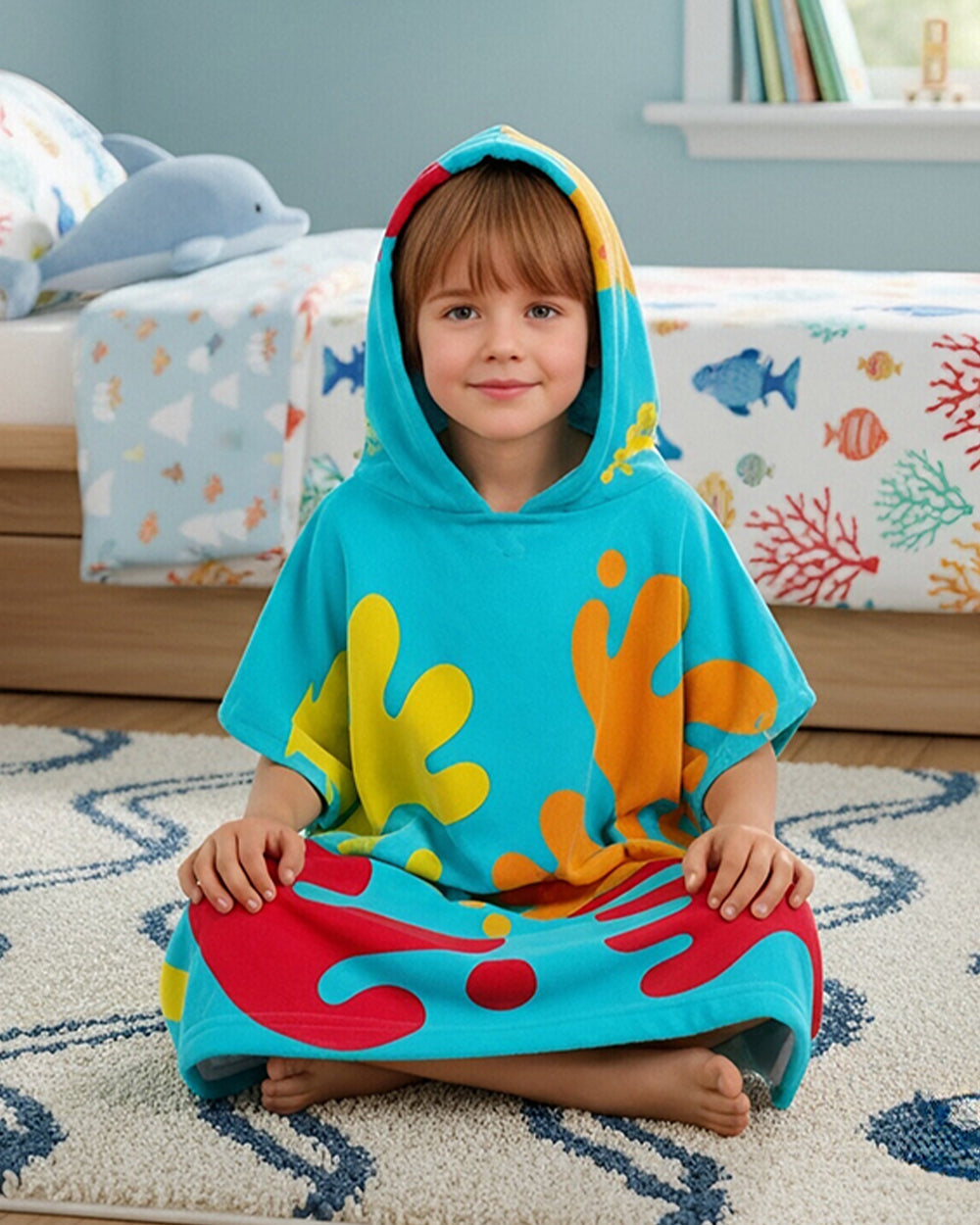 Kids Fleece Dough Monster Costume Blue Hooded Poncho Retro Toy Factory Game Tunic for Halloween Cosplay