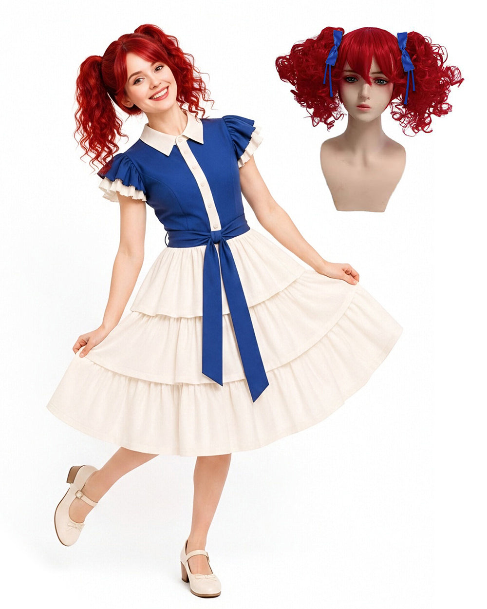Horror Game Vintage Doll Costume Gothic Lolita Blue Tunic Dress for Girls Women Dress Up Party