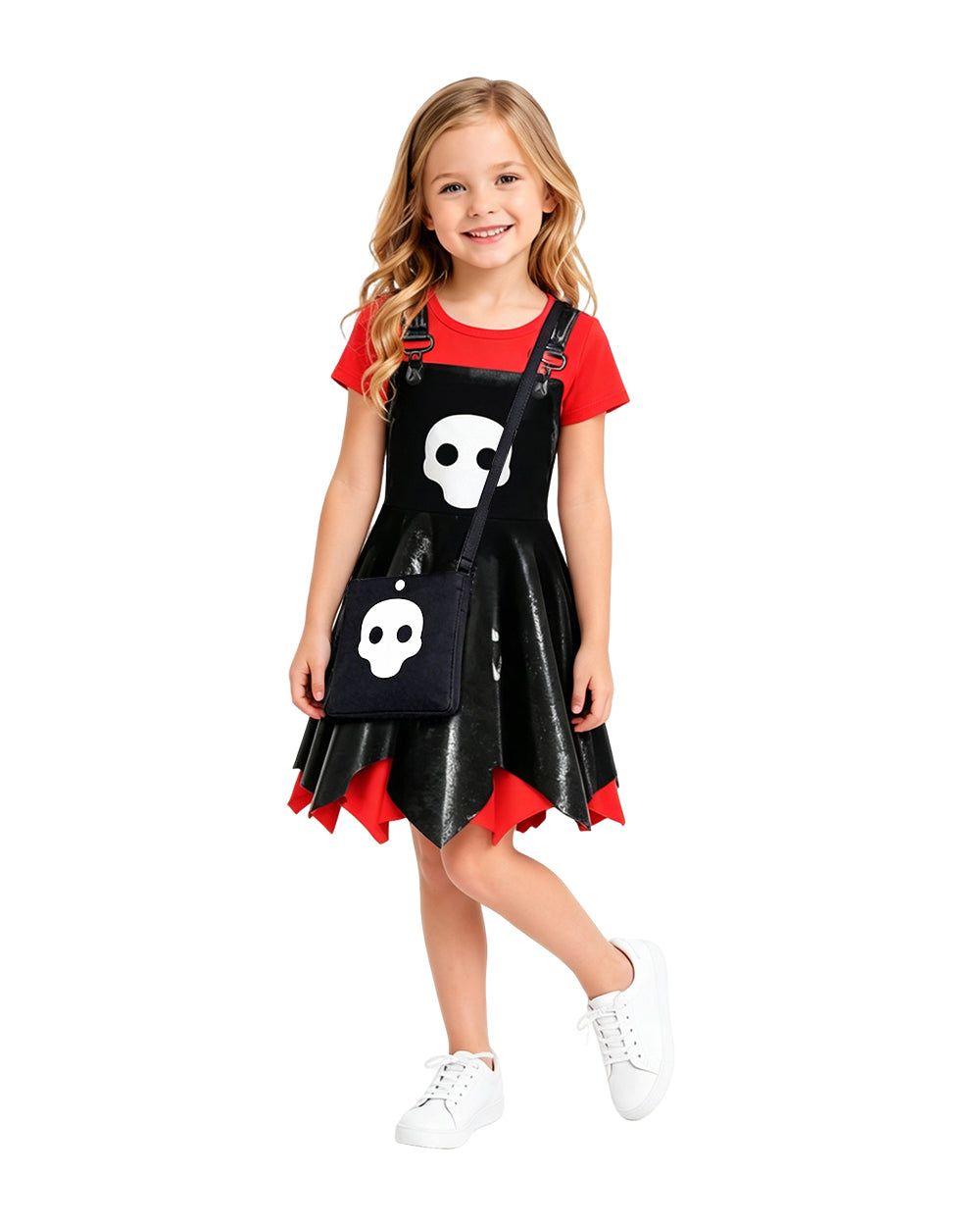 Girls Game Inspired Doll Costume Black Asymmetric Hem Dress Bag and Leggings Suit for Spooky Dress-Up Party 4-10Y