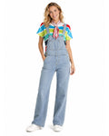 Adult Show Host Cosplay Outfit Rainbow Striped T-shirt and Blue Denim Overalls for Halloween Cosplay Party