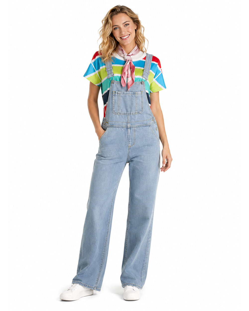 Adult Show Host Cosplay Outfit Rainbow Striped T-shirt and Blue Denim Overalls for Halloween Cosplay Party