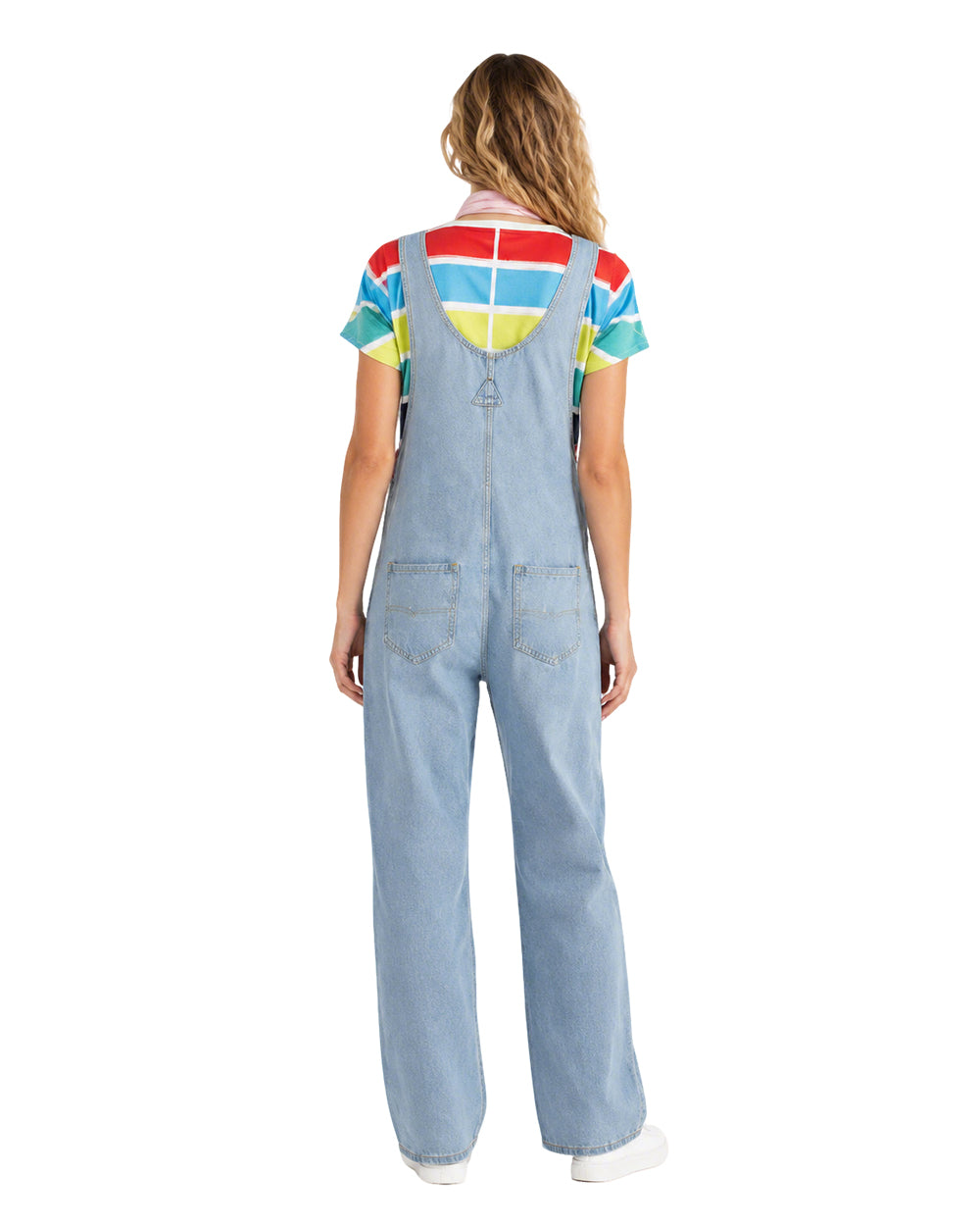 Adult Show Host Cosplay Outfit Rainbow Striped T-shirt and Blue Denim Overalls for Halloween Cosplay Party