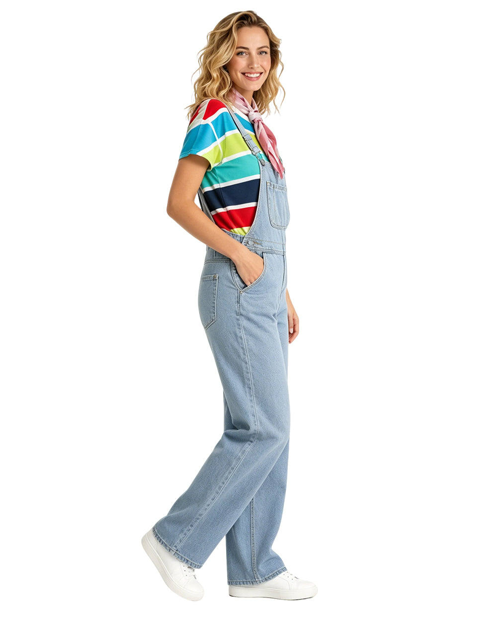 Adult Show Host Cosplay Outfit Rainbow Striped T-shirt and Blue Denim Overalls for Halloween Cosplay Party