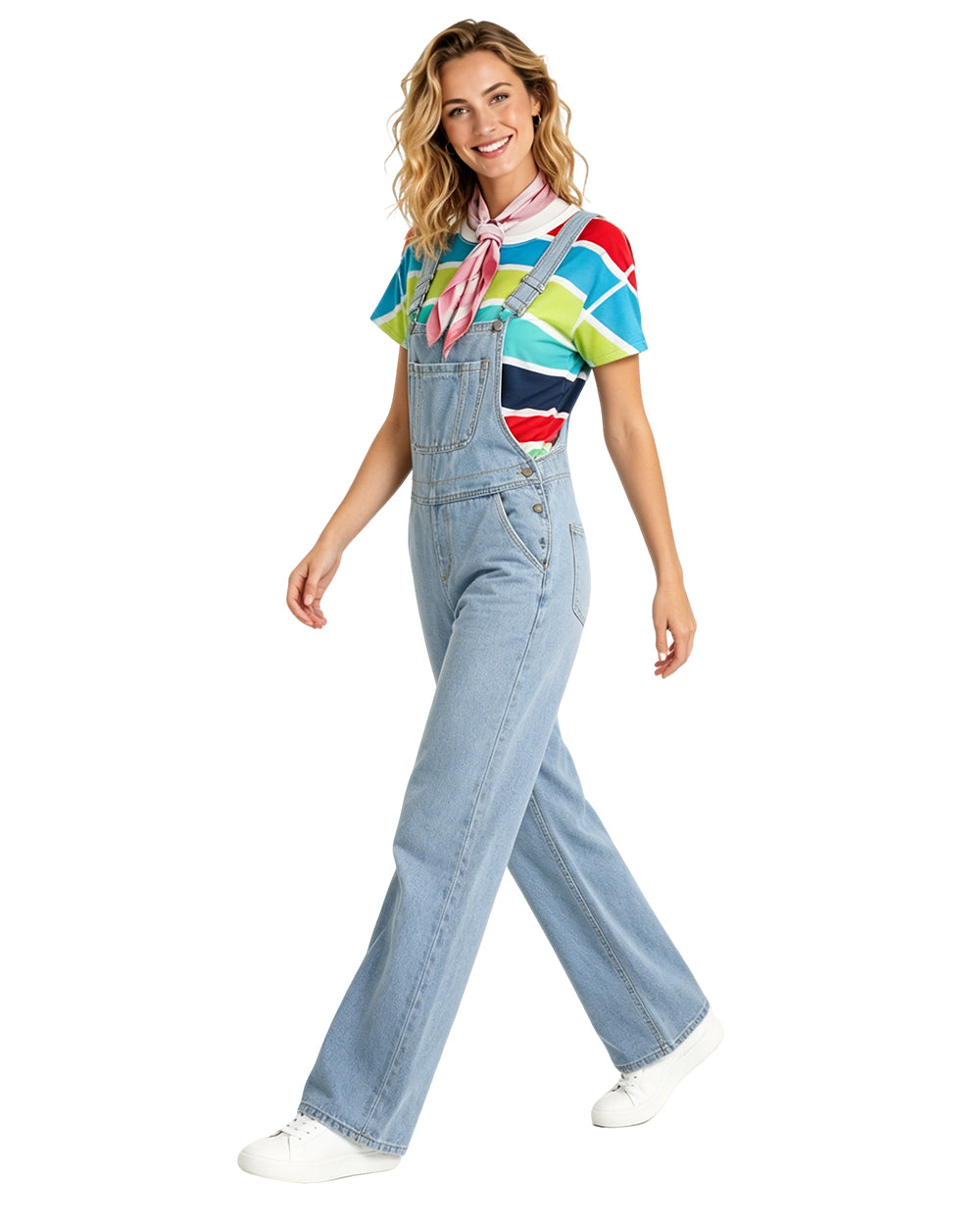 Adult Show Host Cosplay Outfit Rainbow Striped T-shirt and Blue Denim Overalls for Halloween Cosplay Party