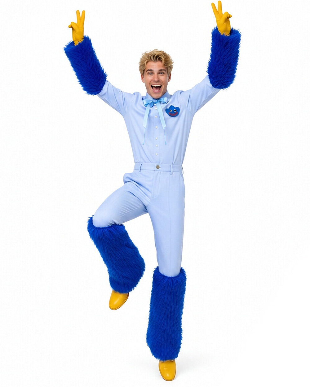 Blue Monster Costume Scary Toy Factory Uniform Set with Fuzzy Cuffs for Kids Adults Themed Party