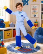 Blue Monster Costume Scary Toy Factory Uniform Set with Fuzzy Cuffs for Kids Adults Themed Party