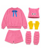 Pink Monster Costume Scary Toy Factory Fluffy Outfit with Hat and Leg Warmers for Kids Adults Halloween Dress Up