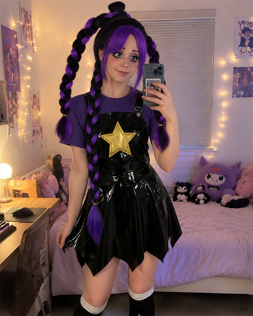 Adult Chapter 5 Lily Costume Purple Horror Game Doll PU Leather Dress T-shirt Matching Leg Sleeves and Wig Suit for Halloween Cosplay