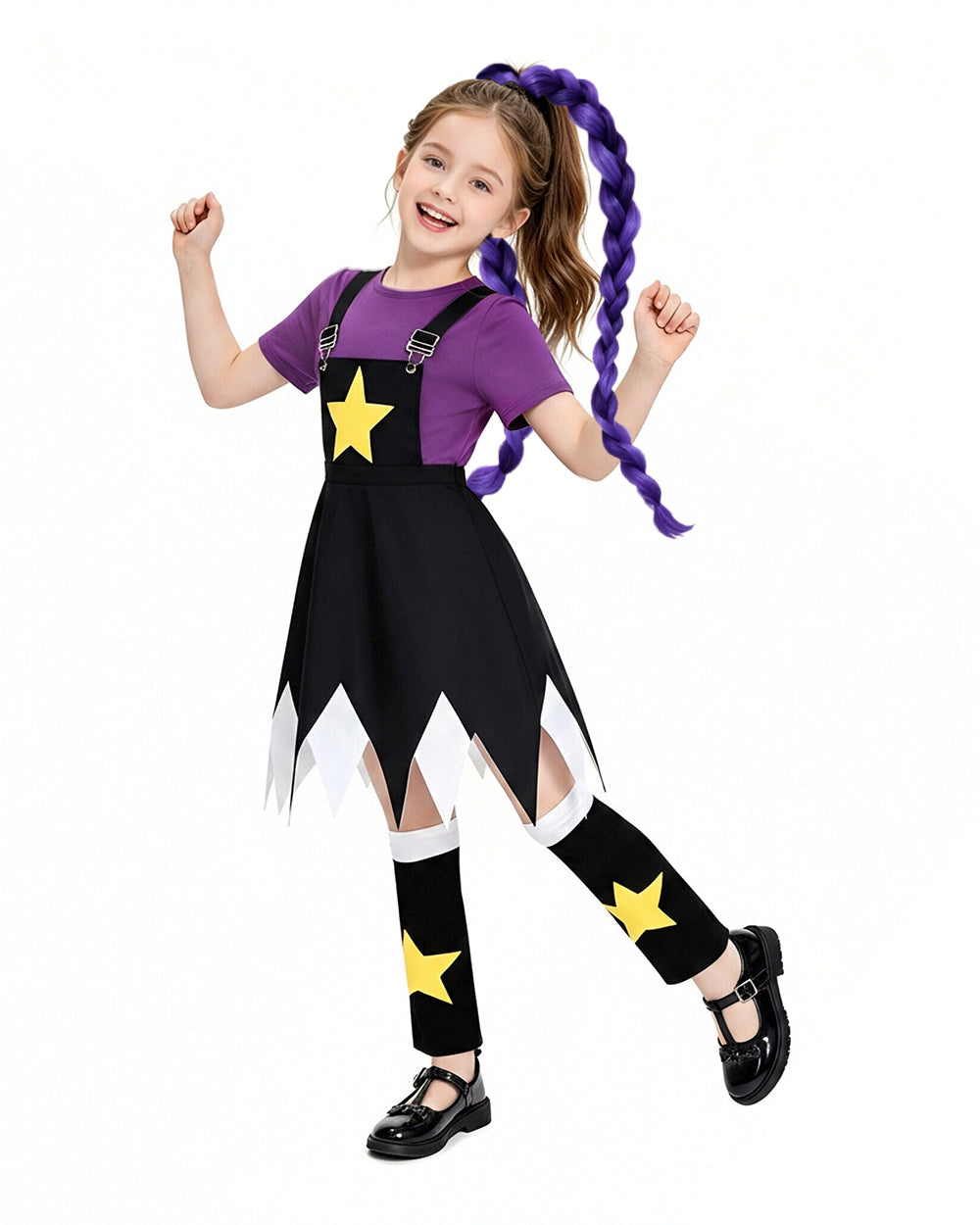 Star Doll Costume Purple Shirt with Suspender Skirt and Matching Leg Covers for Horror Game Fans