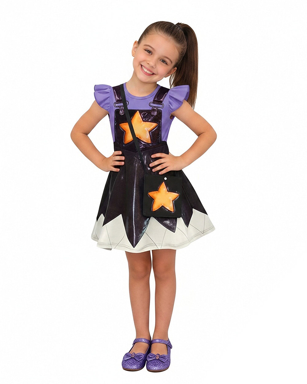 Horror Game Doll Outfit Purple Flutter Sleeves Dress Bag with Leggings for Themed Event