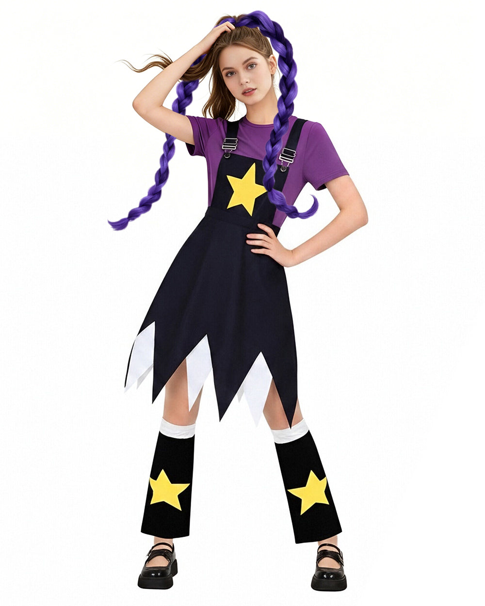 Star Doll Costume Purple Shirt with Suspender Skirt and Matching Leg Covers for Horror Game Fans