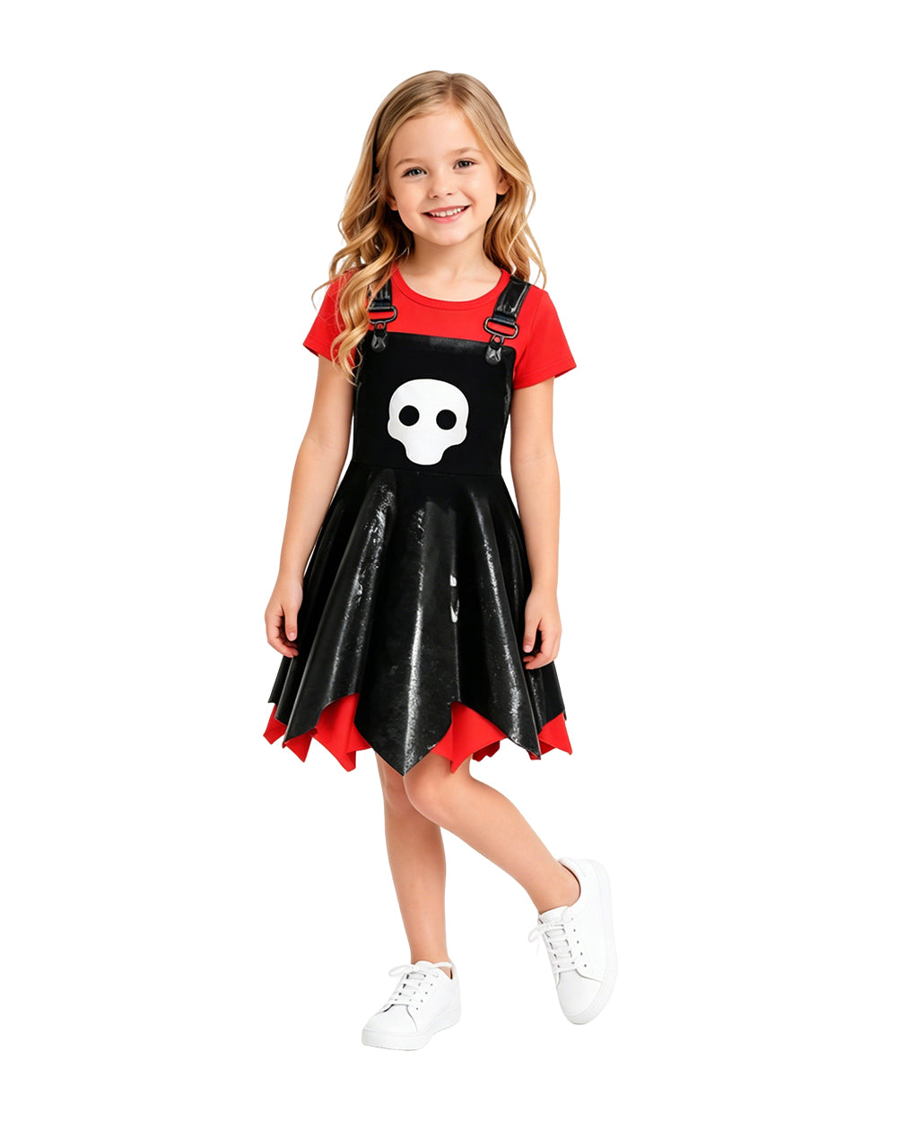 Girls Game Inspired Doll Costume Black Asymmetric Hem Dress Bag and Leggings Suit for Spooky Dress-Up Party 4-10Y