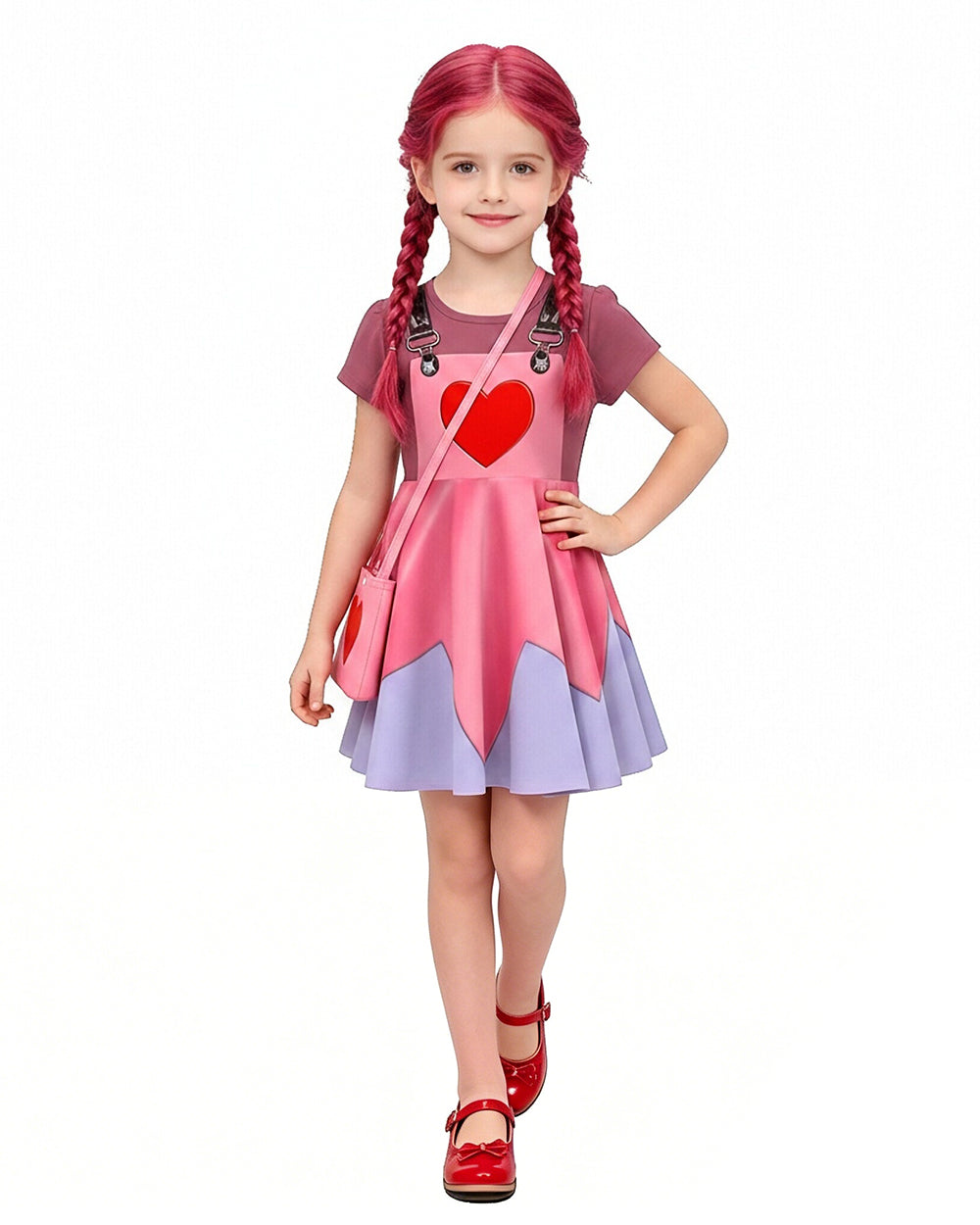 Girls Pink Cartoon Villain Doll Costume Dress with Matching Leggings Shoulder Bag Set for Themed Party
