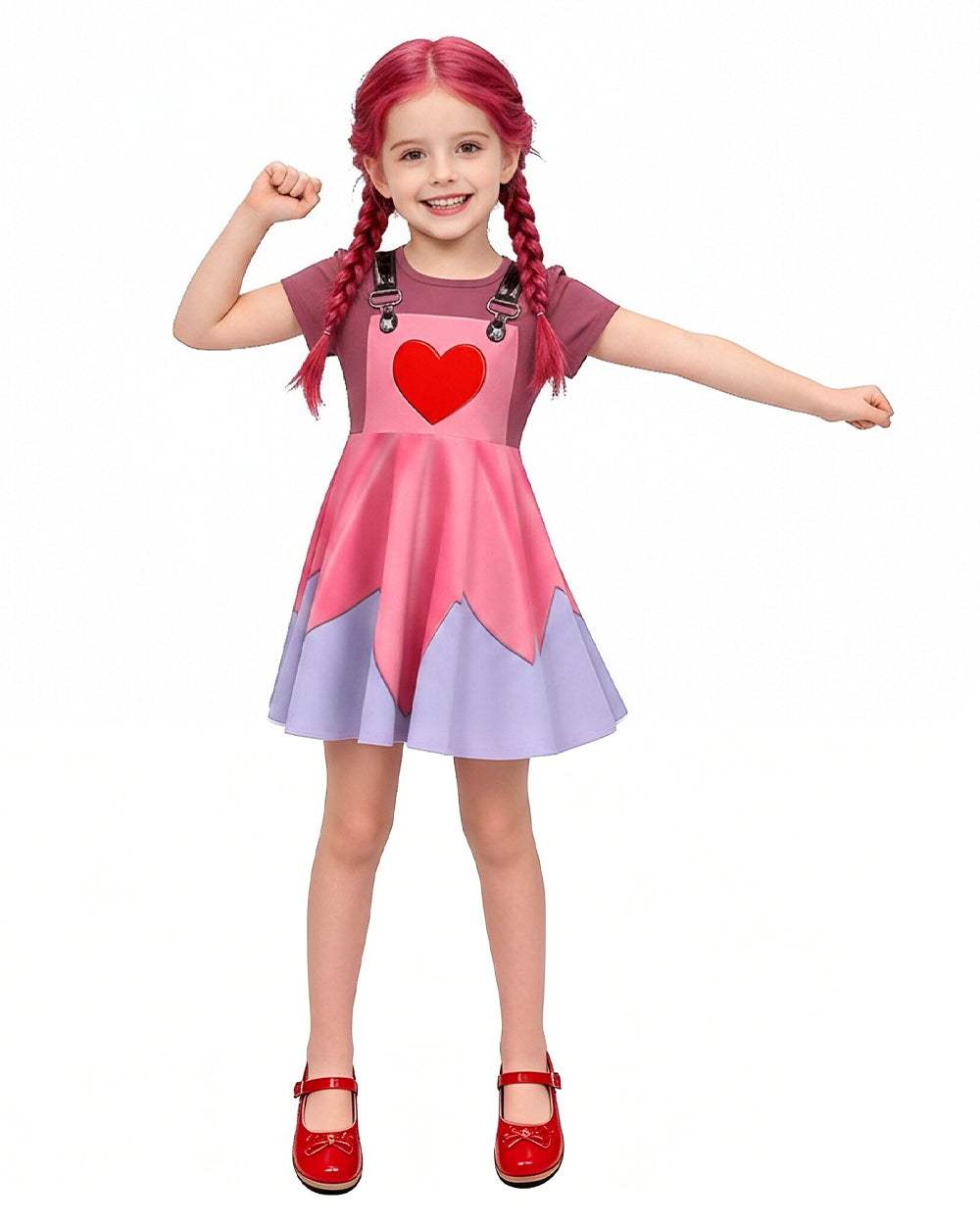 Girls Pink Cartoon Villain Doll Costume Dress with Matching Leggings Shoulder Bag Set for Themed Party